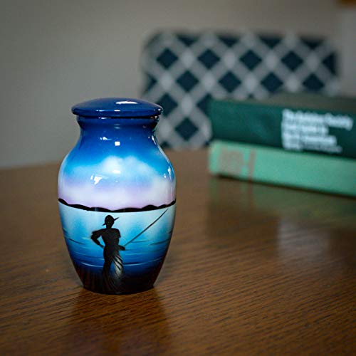 Fishing Keepsake Cremation Urn For Ashes, Aluminum, Blue Urn, Keepsake Sized Cremation Urn, 3 Inches High #TOP2