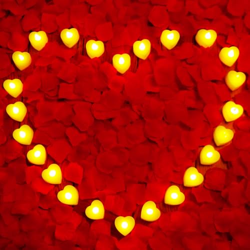 Image of JMUQ 2000 Pieces Artificial Rose Petals with 24 Pieces Romantic Heart Led Tealight Candles, Rose Petals and Candles Set for Weddings Anniversaries Proposals Decor(Warm White Light)