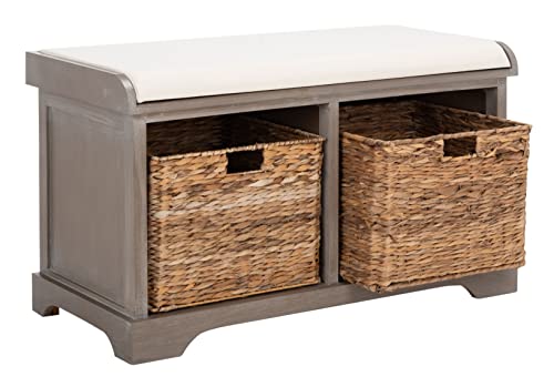 SAFAVIEH Furniture - Freddy 2-Basket Storage Bench - White Washed - Solid Wood - Coastal Basket Storage Design - Ideal for Entryway, Living Room, Hallway, 18" Seat Height - Fully Assembled (AMH5736G)