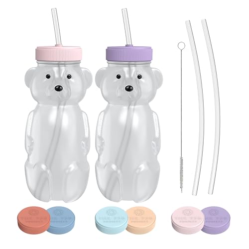 Image of The 730 Project Honey Bear Straw Cup for Babies, Honey Bear Cups with Travel Lid, 2-Pack Therapy Learning HoneyBear Straw Sippy Cup for Toddlers, Cherry Blossom & Unicorn, 8 oz