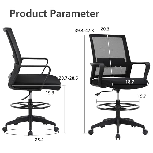 Mesh Ergonomic Drafting Chair - Tall Office Chair for Standing Desks with Lumbar Support, Adjustable Foot - Tall Office Chair for Standing Desk (Black) - Thumbnail 2