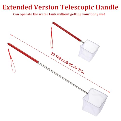 3 Inch Aquarium Net, Fish Net for Fish Tank with 8.6\" to 39\" Long Extendable Stainless Steel Handle Red Small Square Fine Mesh Shrimp Nets Pond Food Residue Debris Skimming Tool for Fishes Shrimp