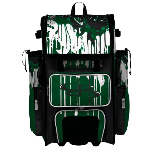 Boombah Rolling Superpack Baseball/Softball Gear Bag - Telescopic Handle - Holds 4 Bats - Wheeled Version - Graffiti Drip Black/Dark Green/White