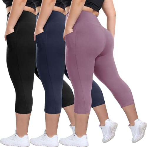 HLTPRO 3 Pack Plus Size Capri Leggings with Pockets for Women - High Waisted Soft Workout Tummy Control Yoga Pants