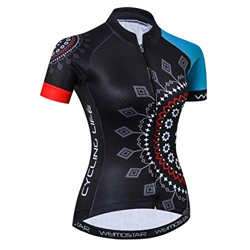Cycling Jersey Womens Bike Jersey Zip Shirts Short Sleeve Mountain Road Bicycle Clothes Pro Team Racing MTB Tops for Ladies Female Breathable Quick Dry Summer Black Blue Size L