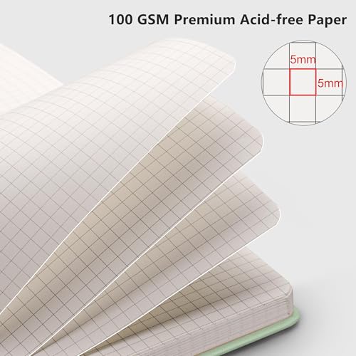 Image of RETTACY Graph Grid Paper Notebook, 192 Pages, A5 Size (5.7'' x 8.3'') | 5 Squares per Inch, Leather Hardcover, 100 GSM Thick Paper, for School, Students, Math, Engineering (Light Green)