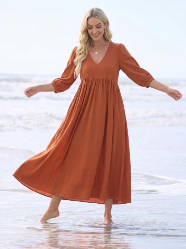 Image of Celmia Autumn Solid Loose Long Maxi Dress Cotton Caftan