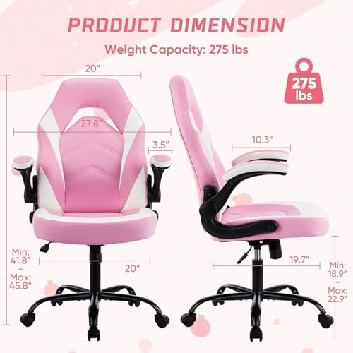 Image of OLIXIS Computer Gaming Desk Chair - Big and Tall Ergonomic Lumbar Support with Flip-up Armrest and 360 Swivel Wheels, PU Leather Height Adjustable, for Home and Office, Pink and White