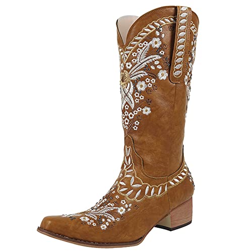 Erocalli Western Cowgirl Boots Cowboy Boots for Women Retro Chunky Block Heel Mid Calf Boots Vintage Embroidery Wide Calf Boot