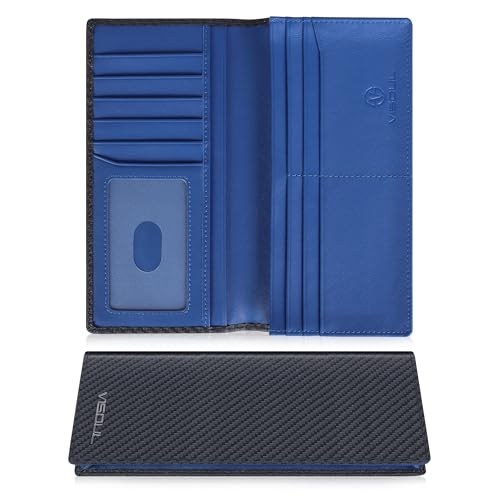 Image of VISOUL Leather Checkbook Cover Wallet for Men with RFID Blocking, Mens Long Bifold Cash Tall Wallet with 11 Credit Card Slots 1 ID Window (Black+Blue)