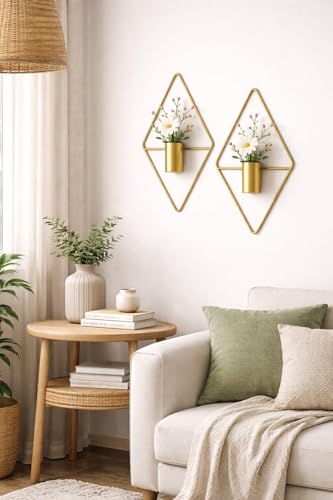 Image of Wall Mounted Flower Vase, Gold Geometric Diamond Shape Metal Frame with Cylindrical Holder, Set of 2 (with Artificial Flowers)