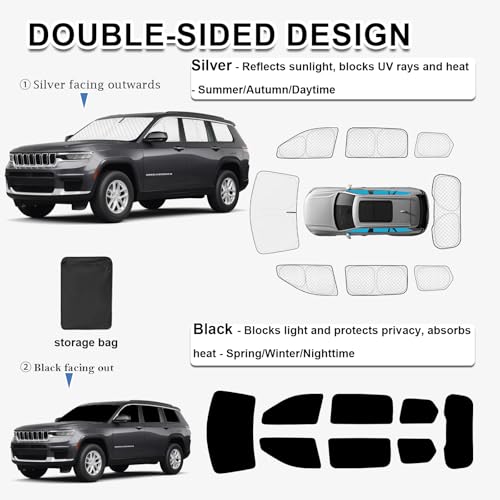 Image of KMF 8pcs Thicken Sun Shades for Jeep Grand Cherokee L(Three-Row) 2021-2026 Accessories (NOT for Grand Cherokee&Cherokee),Full Car Window Covers for Windshield Side Rear, UV Block and Blackout Camping