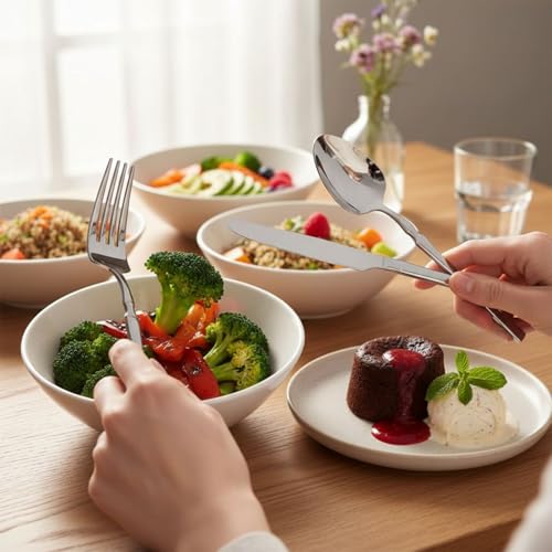 Image of 10 Pcs Silver Cutlery Set for Dining Table the Perfect Lightweight Silim Handle Tableware Including Dinner Spoon, Dinner Fork, Dinner Knife, Dessert Spoon & Dessert Fork