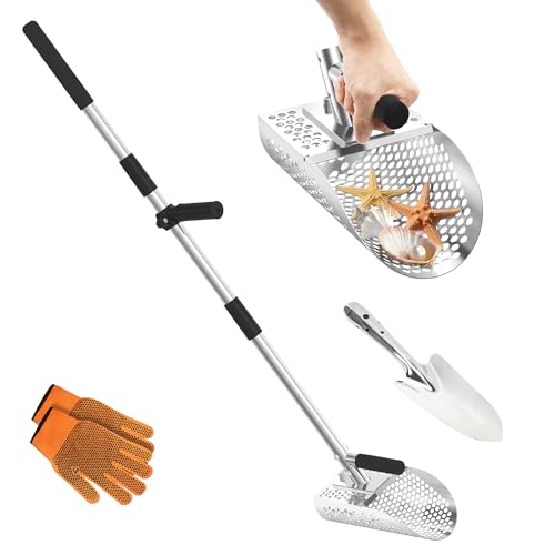 NFie Sand Scoop for Metal Detecting Metal Detector Sand Shovel Accessories for Beach Stainless Steel Sand Sifter Digging Tool Long Handle Fast Sand Sifting Flea Rake (44.9)