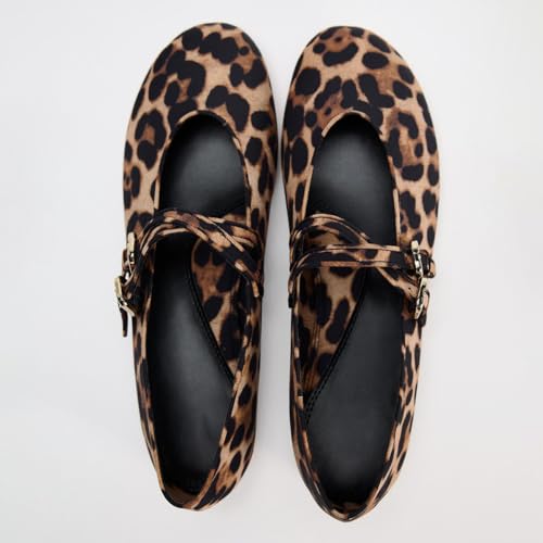 Women's Retro Leopard Ballet Flats Buckle Strap Mary Jane Flats Ballerina Shoes Round Toe Ballet Flat Shoes2