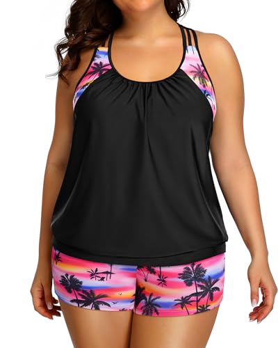 Image of Womens Plus Size Tankini Swimsuit Two Piece Tummy Control Bathing Suit | Blouson Racerback Tankini Top with Shorts, Double Up Design, Removable Pad