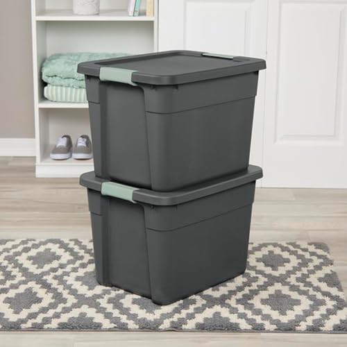 Image of Sterilite 18 Pack Latch Tote, Stackable Plastic Storage Container, 12 Gallon, Gray /Green