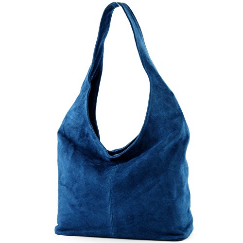 modamoda de - T150 - ital Schultertasche aus Leder Wildleder, Farbe:Jeansblau