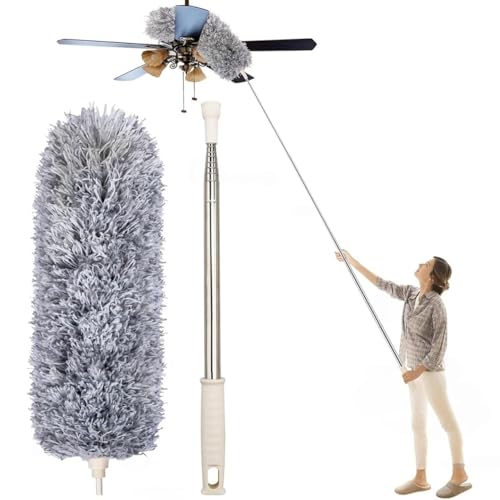 Image of RAIQEE Microfiber Feather Duster Bendable & Extendable Fan Cleaning Duster with 100 inches Expandable Pole Handle Washable Duster for High Ceiling Fans,Window Blinds, Furniture (Standard)