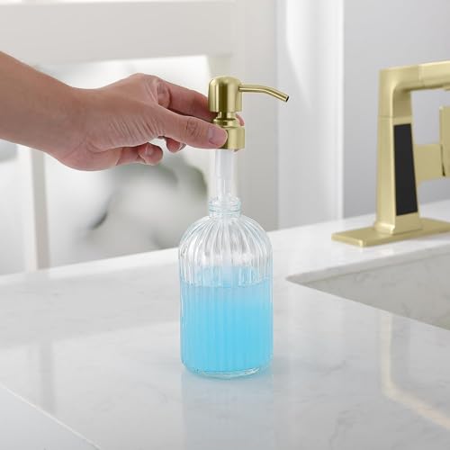 Image of Gold Refillable Glass Kitchen Soap Dispenser,16oz Bathroom Soap Dispenser with Vertical Strip,Golden 304 Stainless Steel Pump Head, Clear Thick Glass,for Modern Home Decor, Countertop, Hotel