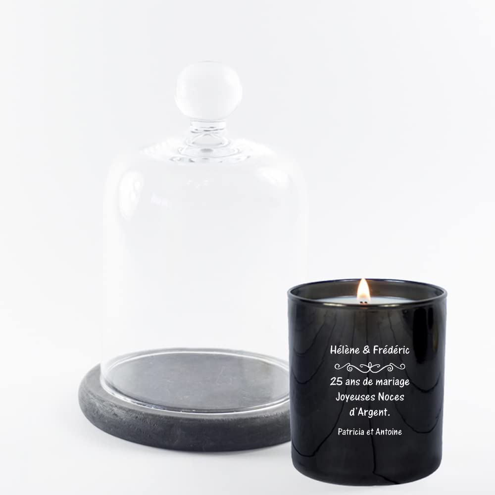 Bougie 100% végétale avec Couvercle en Bois gravé de prénoms, dédicace et Signature avec Cloche.
