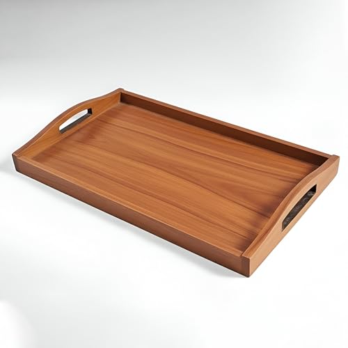 Image of ZENOVIA Handmade Teak Wood Serving Tray with Handles | Tea & Coffee Tray | Ottoman & Coffee Table Tray | Decorative Kitchen & Dining Platter | S Size (26 x 15 x 4.5 cm) | 26 x 15 x 4.5 cm, Tea & Coffee Tray, Ottoman & Coffee Table Tray, Decorative Kitchen & Dining Platter
