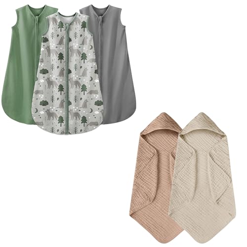 Image of Yoofoss Baby Sleep Sack 0-6 Months Green&Fox&Gray & Hooded Baby Towels Beige & Coffee