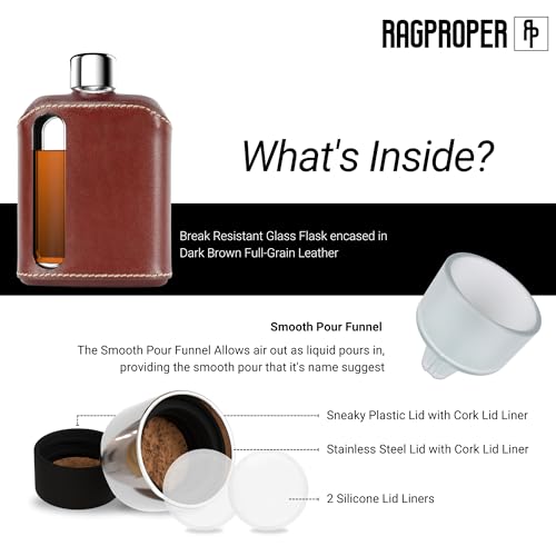 image for Ragproper Leather Glass Hip Flask Set – Durable Whiskey & Liquor Fla