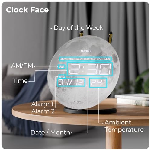 Image of Xech Alarm Clock for Heavy Sleepers | Dual Loud Alarms | USB-C Powered | Small LED Table Clock for Students | Home Decoration Items for Living Room | Gift for Woman | Solaris-X Neo (Moon)