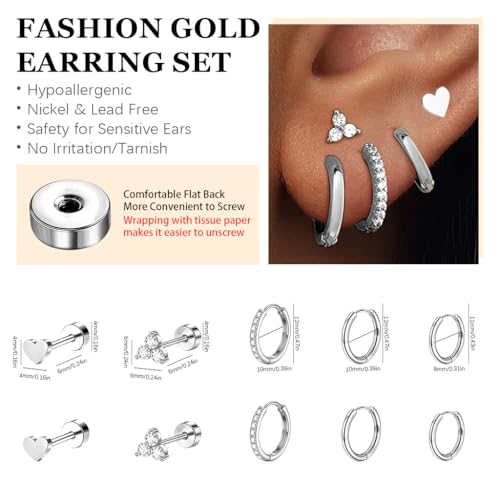 Image of SANNIDHI 5 Pairs Earrings Set for Women Girls Stylish Hypoallergenic Surgical Flat Back Stud Earring Stainless Steel Cartilage Earrings Combo for Multiple Piercing
