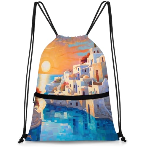 Budxapjw City Architecture Drawstring Bag for Women Men Sea Scene Waterproof Drawstring Backpack 14
