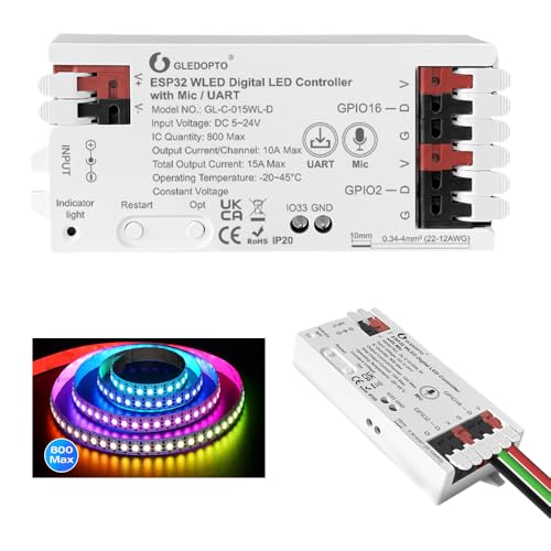 ESP32 WLED LED Strip Controller with Mic UART Download 5-24V RGB DIY APP Control Easy Wiring FCOB Addressable Strip Light for WS2811 WS2812 SK6812 TM1814 WS2813 WS2815 (015WL with Mic/UART Download)