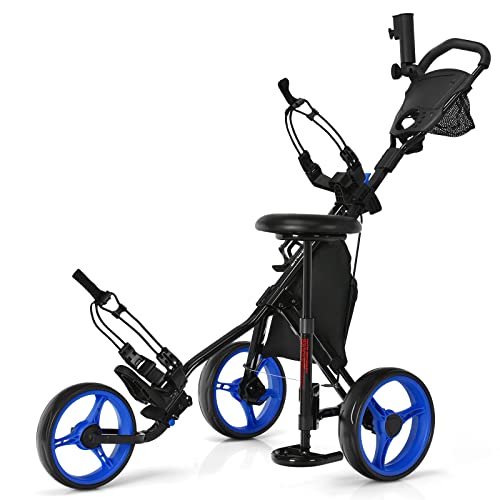 COSTWAY Golf Trolley, 3 Rad Golftrolley klappbar, Golfcaddy aus Aluminum mit Sitz, Verstellbarer Griffe & Vorderrad, Golfwagen mit Schirmhalter &...