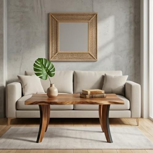 Image of Solid Sheesham Wood Coffee Table | Modern Wooden Center Table for Living Room | Square Tea Table with Curved Legs | Stylish Sofa Side Table | Minimalist Accent Table Home Furniture | Natural Finish