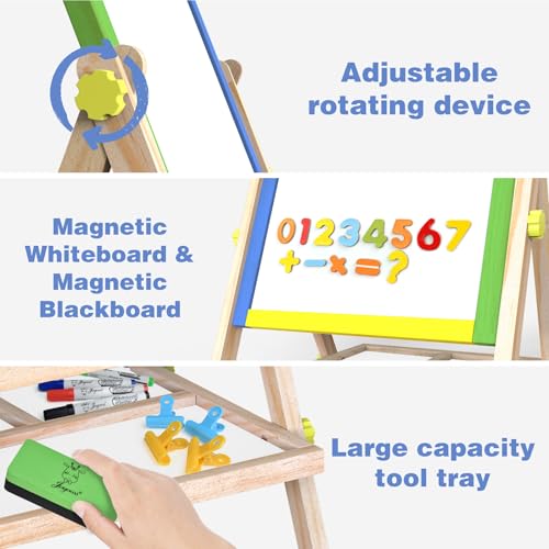 JOYOOSS Easel for Kids Chalkboard,Wooden Blackboard for Kid Toddlers Easel Adjustable Magnetic White Board Chalkboard for Kids Dry Erase Art Easels for Toddler Drawing Board for Kid Ages 4-8 8-12