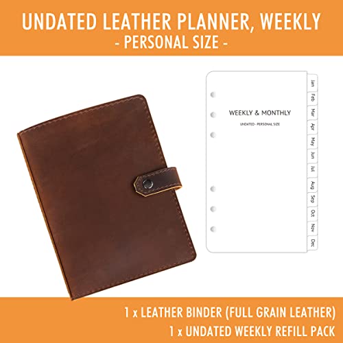 Leather Weekly Planner Undated - Genuine Leather Binder Planner For Men And Women, Inner Pockets And Pen Holder, Personal Size #TOP1