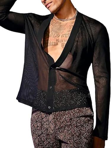 Men's Mesh Sheer Solid Long Sleeve Deep V Neck Button Down Party Shirts Summer Tops4