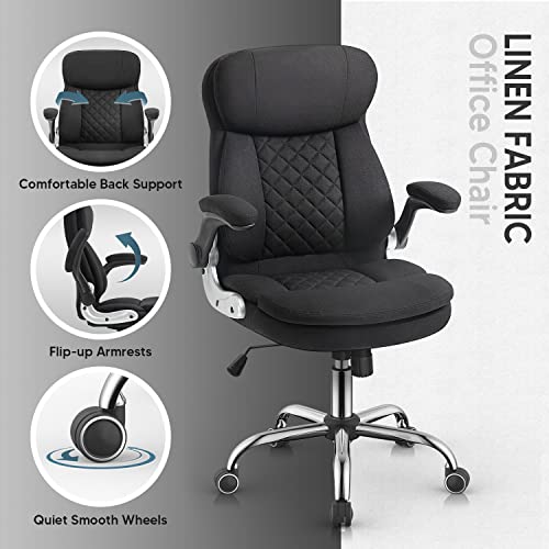 Yamasoro Home Office Executive Chair, High Back Ergonomic Lumbar Support Computer Desk Chairs With Wheels And Flip-Up Arms, Linen Fabric, Black #TOP2