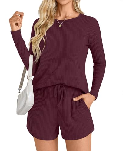 Image of Anydoll Womens Pajama Sets Waffle Knit Lounge Sets Long Sleeve Top and Shorts 2 Piece Loungewear with Pockets