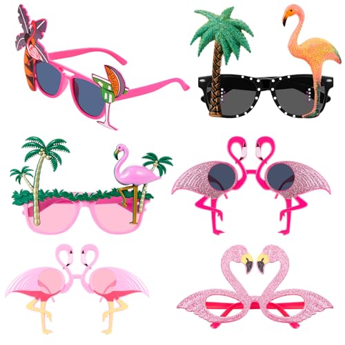 Mootycapa 6 Pcs Flamingo Sunglasses Party Funny Costume Decorations Hawaiian Summer Fashion Coconut Tree Glasses Tropical Fancy Photo Props for Men Women Adult Luau Dancing Beach Theme Party