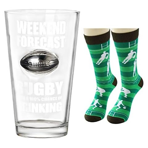 Unique Rugby Themed Gift Pint Glass Embedded Stainless Steel Ball Novelty Sock Pair Fathers Day, Birthday, for HIM (Weekend Forecast) Cover