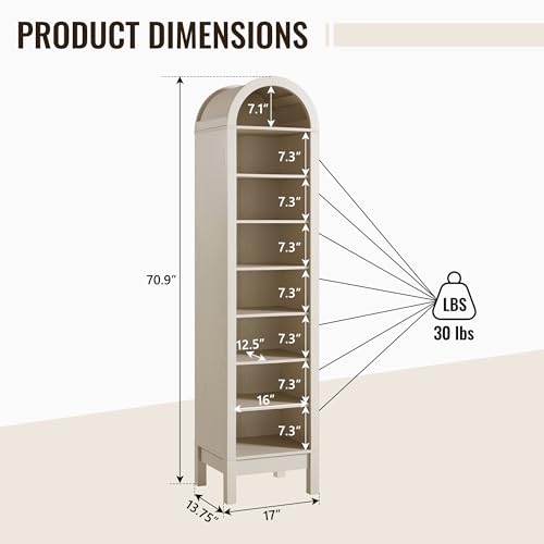 Image of IFBUY 71 inch Tall Arched Bathroom Storage Cabinet, 8-Tier Modern Farmhouse Storage Cabinet with Adjustable Shelves, Wood Freestanding Cabinet for Bathroom, Living Room, Entryway, Hallway (Cream)
