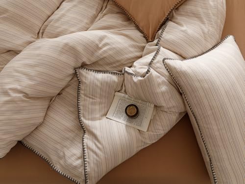 Image of VM VOUGEMARKET 100% Linen Cotton Duvet Cover Set Queen 3pcs Yarn Dyed Vertical Pinstripe Ticking Pattern Breathable Farmhouse Bedding Set - Purple Yellow Stripe, Queen Size