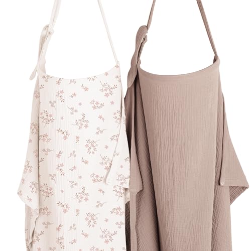 Image of Konssy 2-Pack Muslin Nursing Cover Up for Breastfeeding Moms with Rigid Hoop, 100% Cotton, Lightweight & Breathable Breastfeeding Cover, Adjustable & Comfort