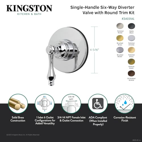 Vanne de dérivation 6 voies Kingston Brass KS4030AL, solution douche noir mat - 5