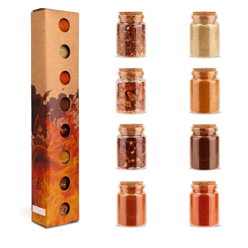 SIMPLYWOOD - Chili Gewürze Geschenkset mit 8 Chilisorten in 8x25ml Korekengläser