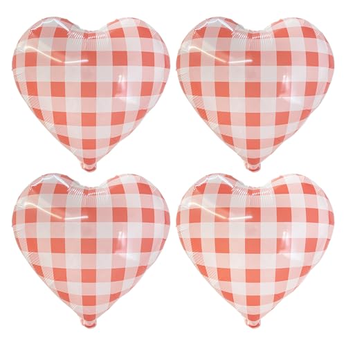 Image of 4pcs 18 inch Red Heart Checked Balloons Checkerboard BBQ Picnic Ballons Striped Plaid Heart Foil Balloon for Picnic Party Decorations BBQ Party Decor Love Birthday Party Baby Shower Versatile Party Decor