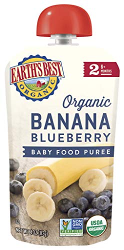 Earth's Best Organic Baby Food Pouches, Stage 2 Fruit Puree for Babies 6 Months and Older, Organic Banana Apple and Blueberry Puree, 4 oz Resealable Pouch (Pack of 6)