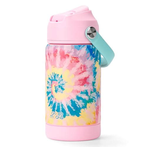 Choco Mocha Tie Dye Kids Insulated Water Bottle Kids Stainless Steel Water Bottle with Straw Spill Proof Metal Water Bottle for School Double Wall 12 Oz, Pink