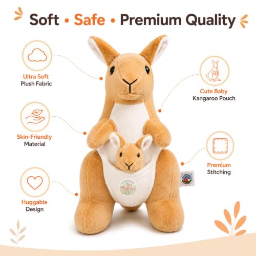 Image of Chi-Chimpu Toyss Kangaroo Soft Toy 34 cm with Baby Joey Plush | Ultra Soft Stuffed Animal | Cute Cuddly Plush Toy for Kids, Boys & Girls | Birthday Gift | Home Decor | Brown